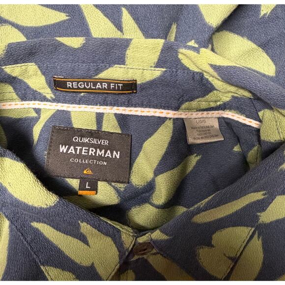Quiksilver Men Waterman Aloha Hawaiian Shirt Bljue Green Tropical Large L Button - Picture 7 of 8